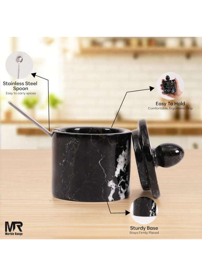 MARBLE RANGE Handmade Black Marble Salt Cellar 4 Inch with Lid & Tray, Set of 2 Seasoning & Spice Jars, Salt Container & Sugar Bowl for Kitchen Countertop, Perfect for Dining, Home, or Gift - Image 4